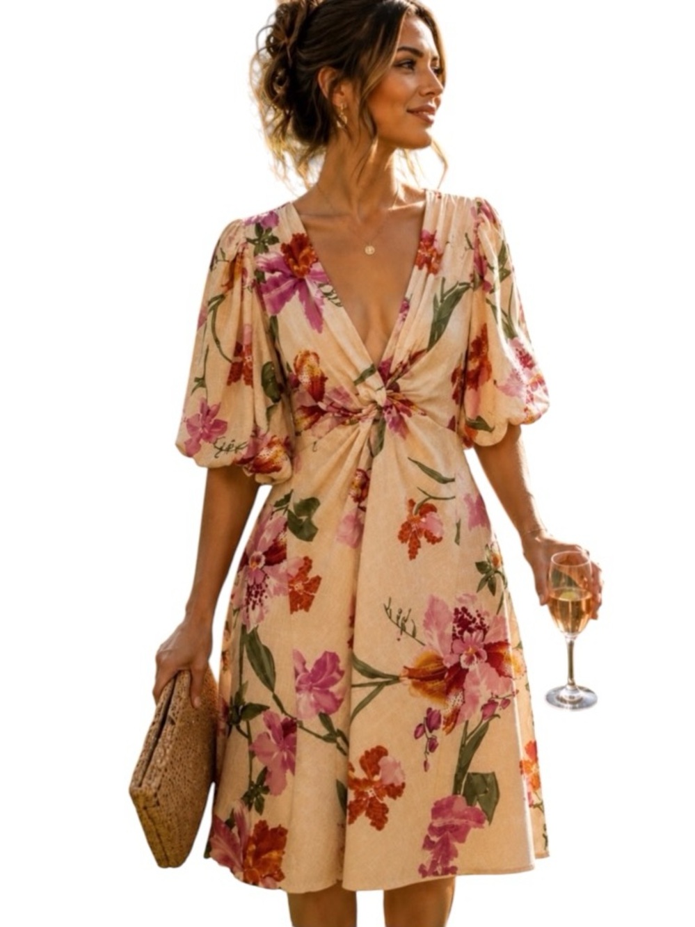 White Closet Elements Women’s Floral Twist Front Linen Blend Dress NWT